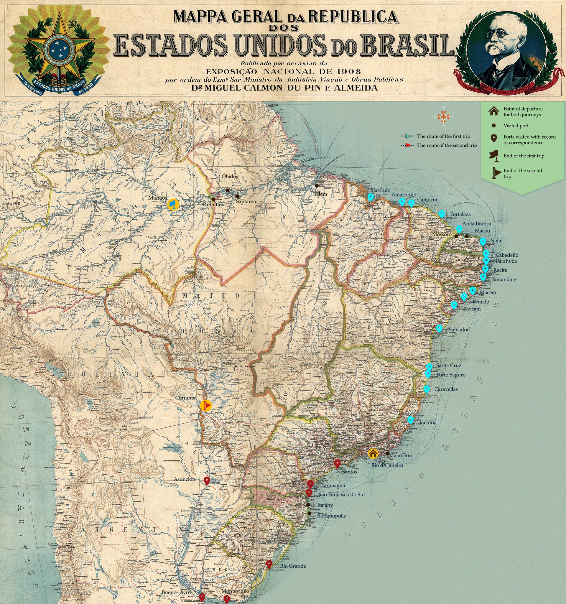 General Map of the Republic of the United States of Brazil published for the National Exposition of 1908 by order of the right honorable Minister of Industry, Transport and Public Works, Doctor Miguel Calmon Du Pin e Almeida