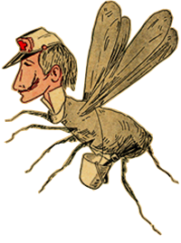 Caricature of Oswaldo Cruz with the body of a mosquito carrying a bucket