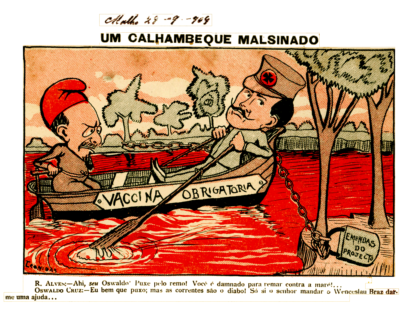Caricatura sobre a varíola entitulada 'Um calhambeque malsinado'. No desenho, Oswaldo Cruz está navegando em um barco sobre um rio de sangue